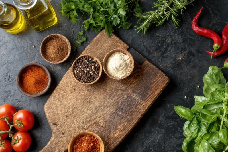 Various spices and fresh herbs arranged on a wooden cutting board with tomatoes and olive oil on a dark countertop
