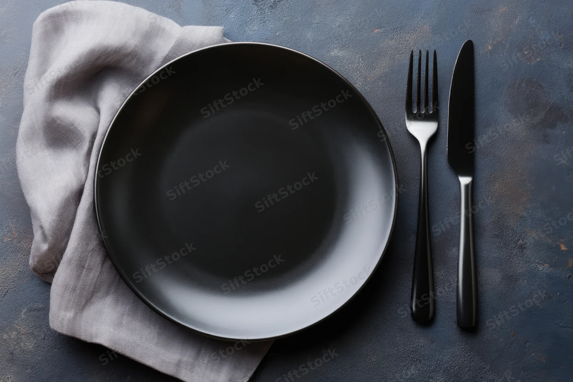 Black plate with fork and knife on dark textured table with gray napkin, overhead view