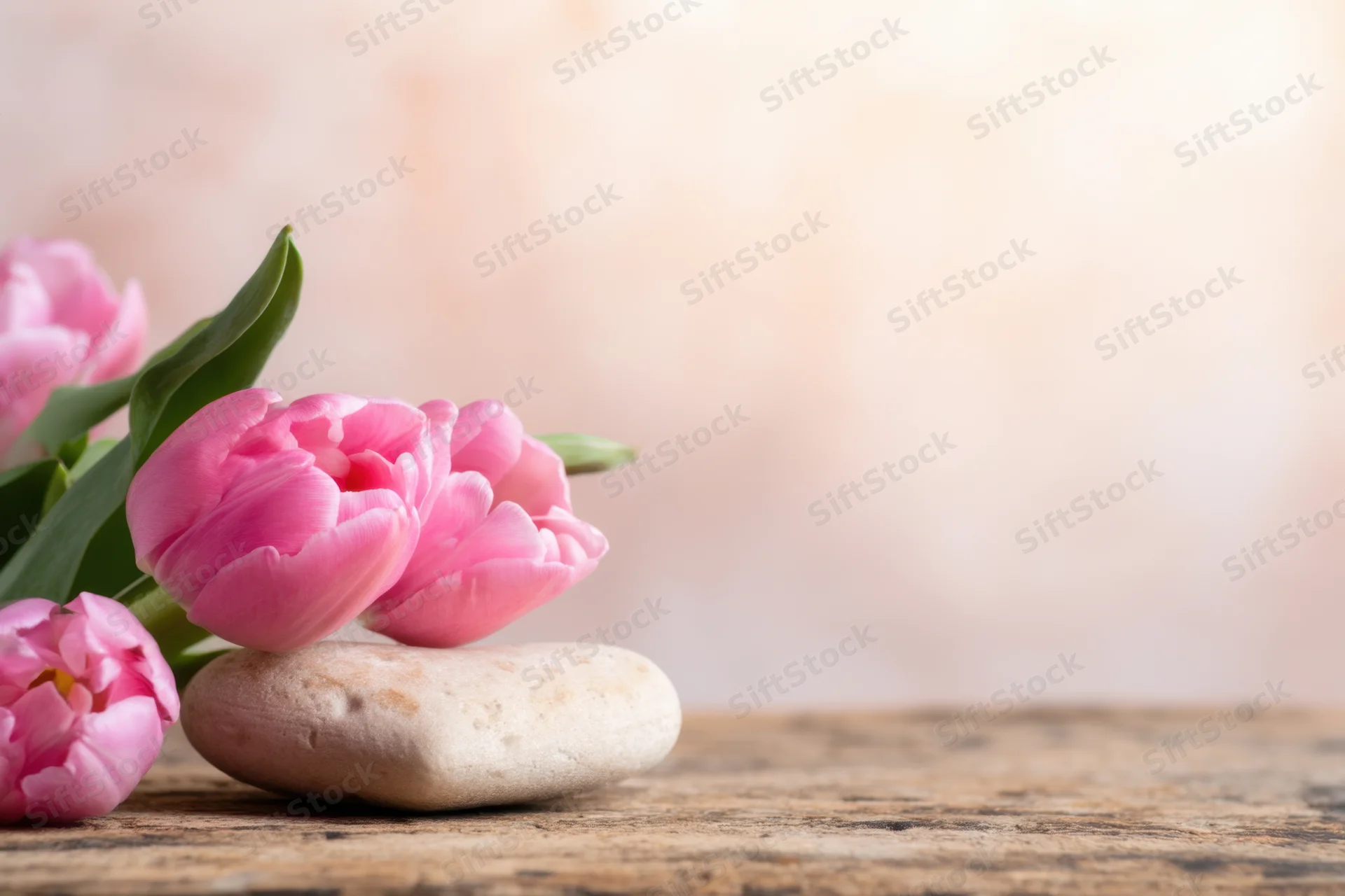 Pink tulips arranged with a smooth stone on a wooden table