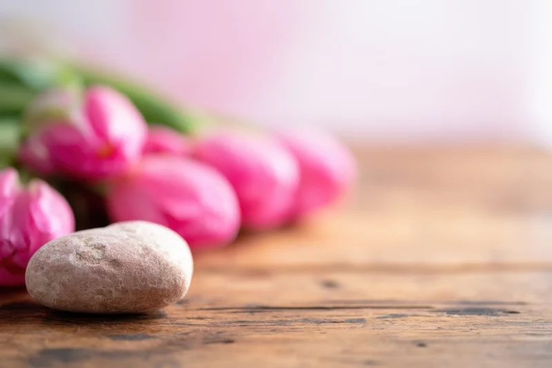 Pink tulips and a smooth stone arranged on a wooden table surface