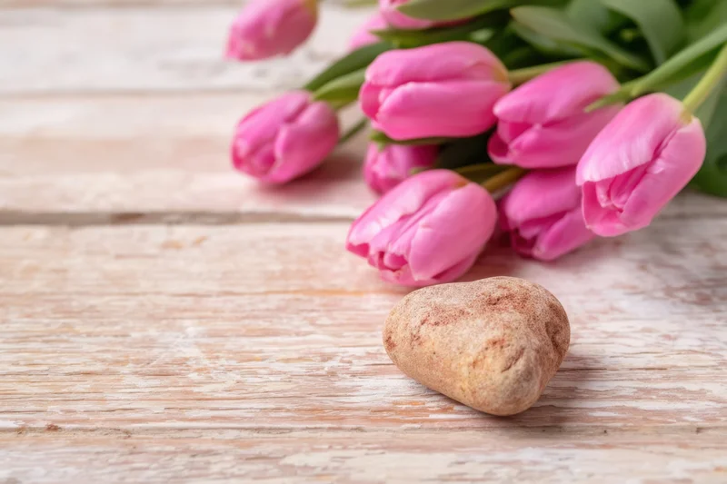 Pink tulips and a heart-shaped stone arranged on a rustic wooden table