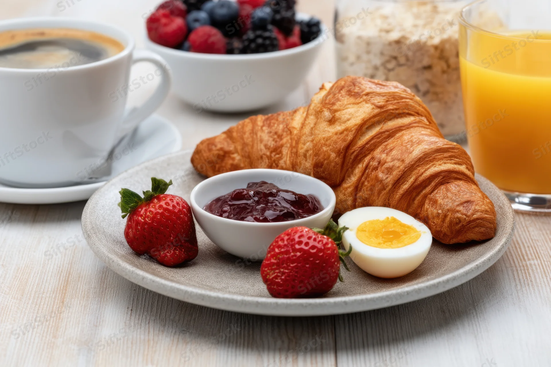 Breakfast plate with croissant, boiled egg, strawberries, jam, coffee, and orange juice on wooden table