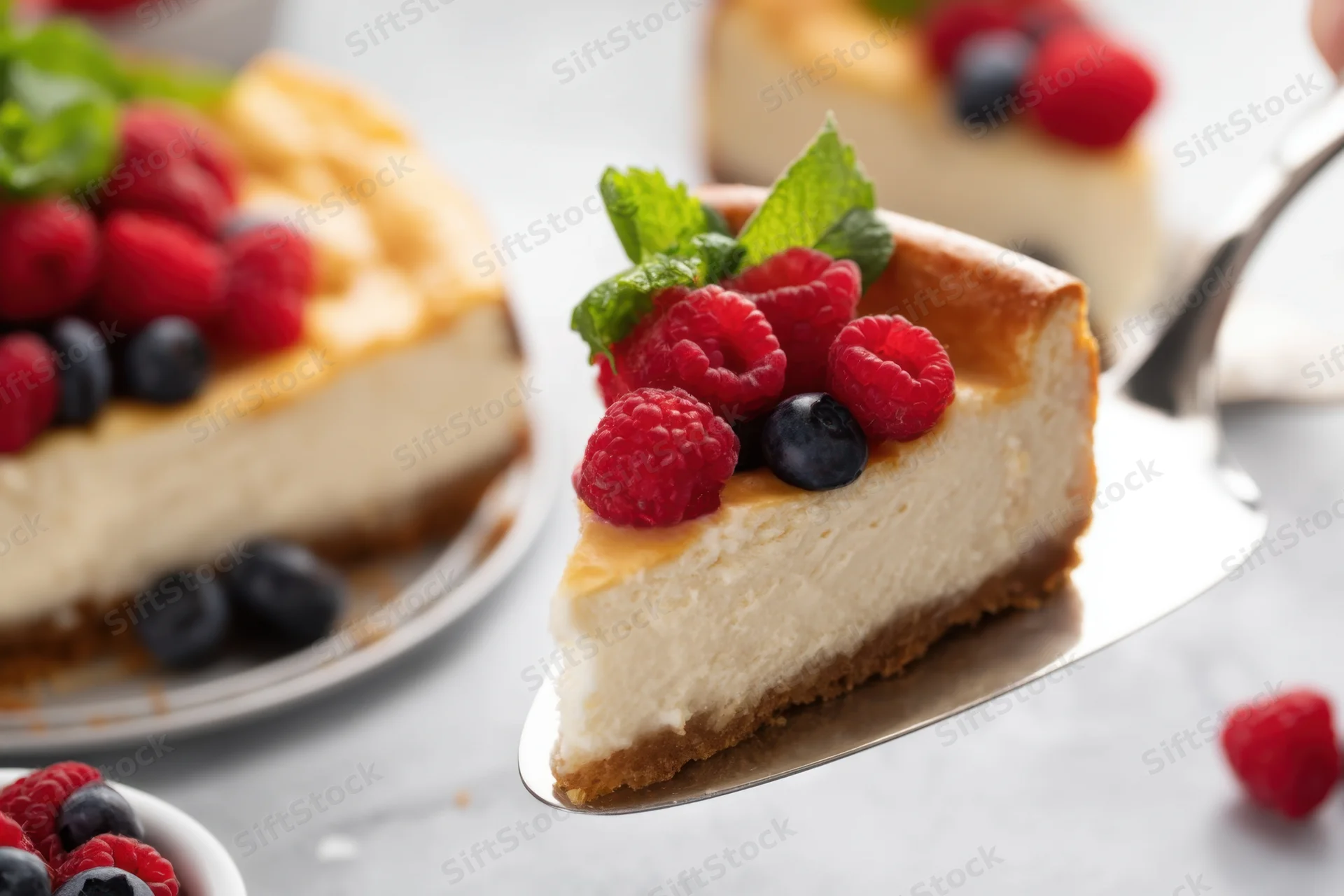 Slice of cheesecake topped with raspberries and blueberries being lifted on a metal spatula from a plate on a marble surface