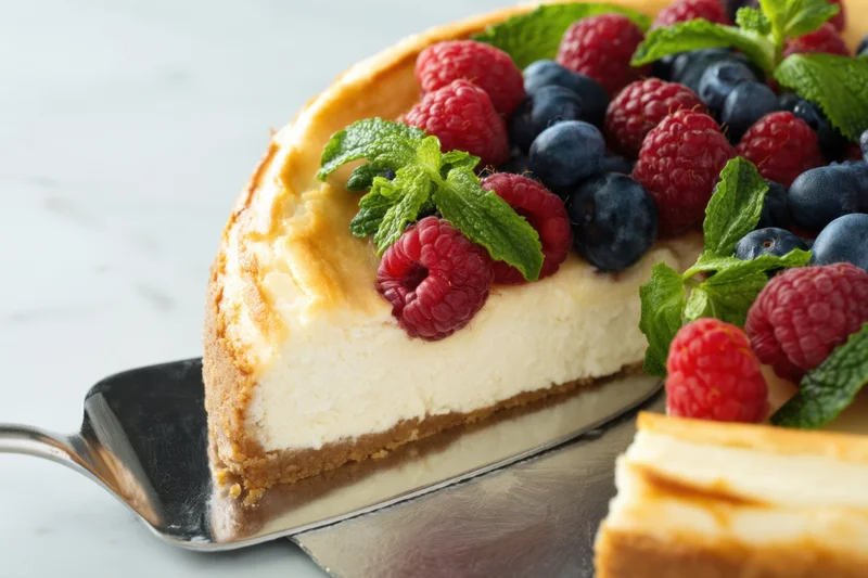 Slice of cheesecake topped with raspberries, blueberries and mint being lifted with a metal spatula on a plate