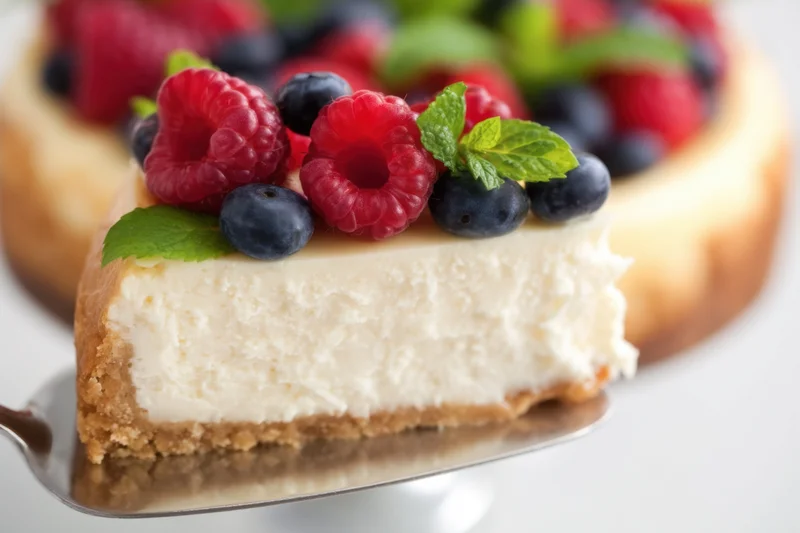 Slice of cheesecake topped with raspberries, blueberries and mint being lifted on a metal serving spoon