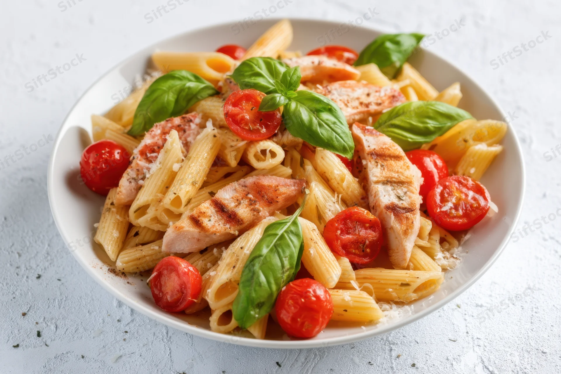 Penne pasta with grilled chicken, cherry tomatoes and basil served in a white bowl on a light surface