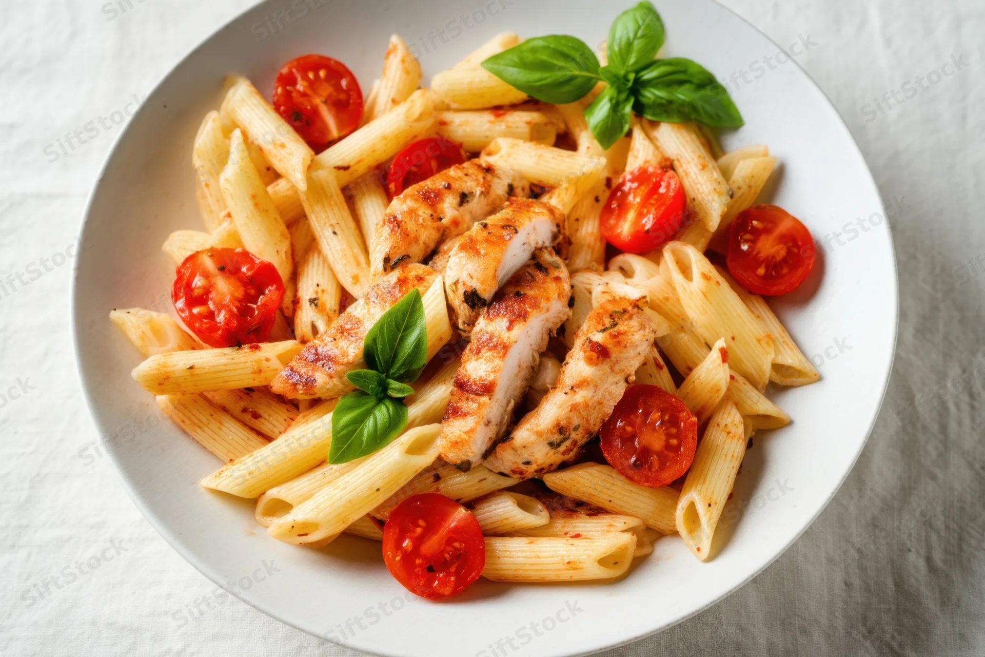 Penne pasta with grilled chicken pieces, cherry tomatoes and fresh basil on a white plate