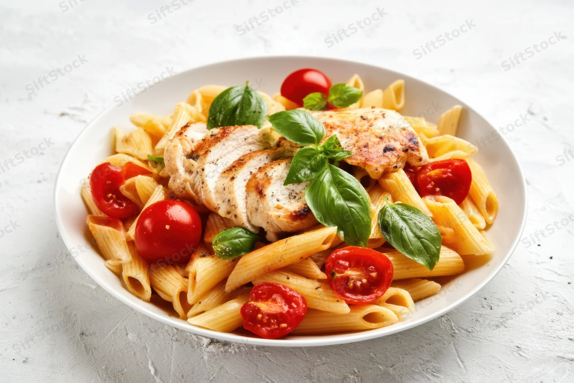 Penne pasta with grilled chicken and cherry tomatoes garnished with fresh basil on a white plate