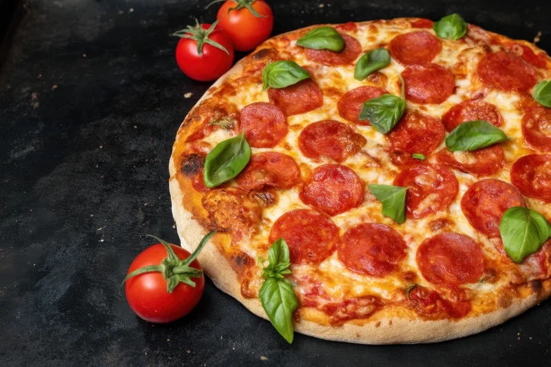 Pepperoni pizza with basil and cherry tomatoes on dark surface