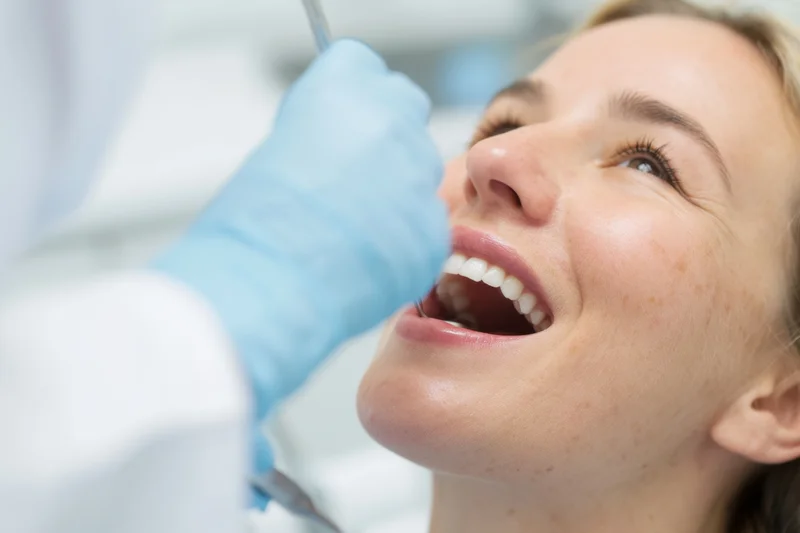 Woman undergoing dental examination with dentist using mirror and probe in clinic