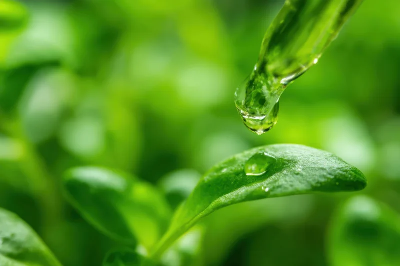 Dropper releasing a water droplet onto a green leaf in a natural setting
