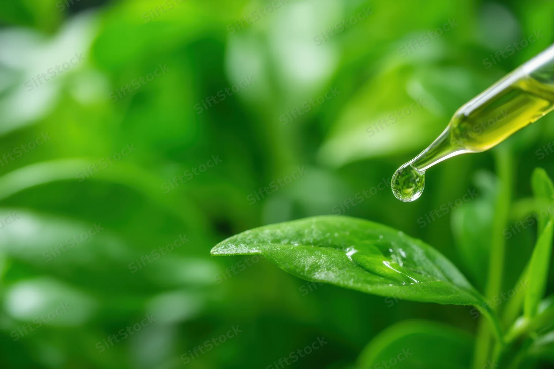 Dropper releasing a droplet of oil onto a green leaf in a plant setting