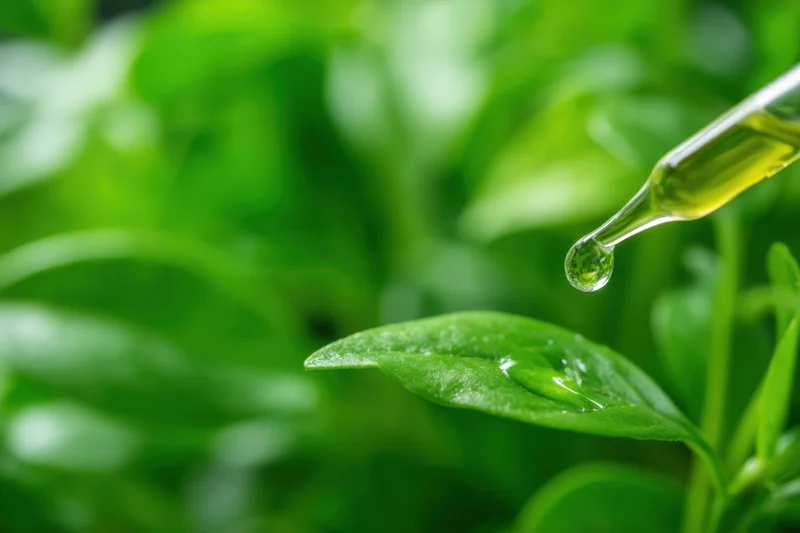 Dropper releasing a droplet of oil onto a green leaf in a plant setting