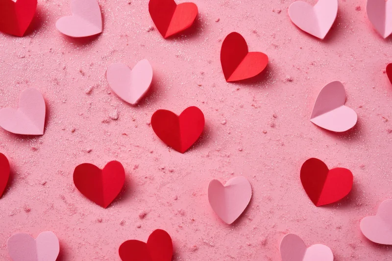 Scattered red and pink paper hearts on a textured pink surface
