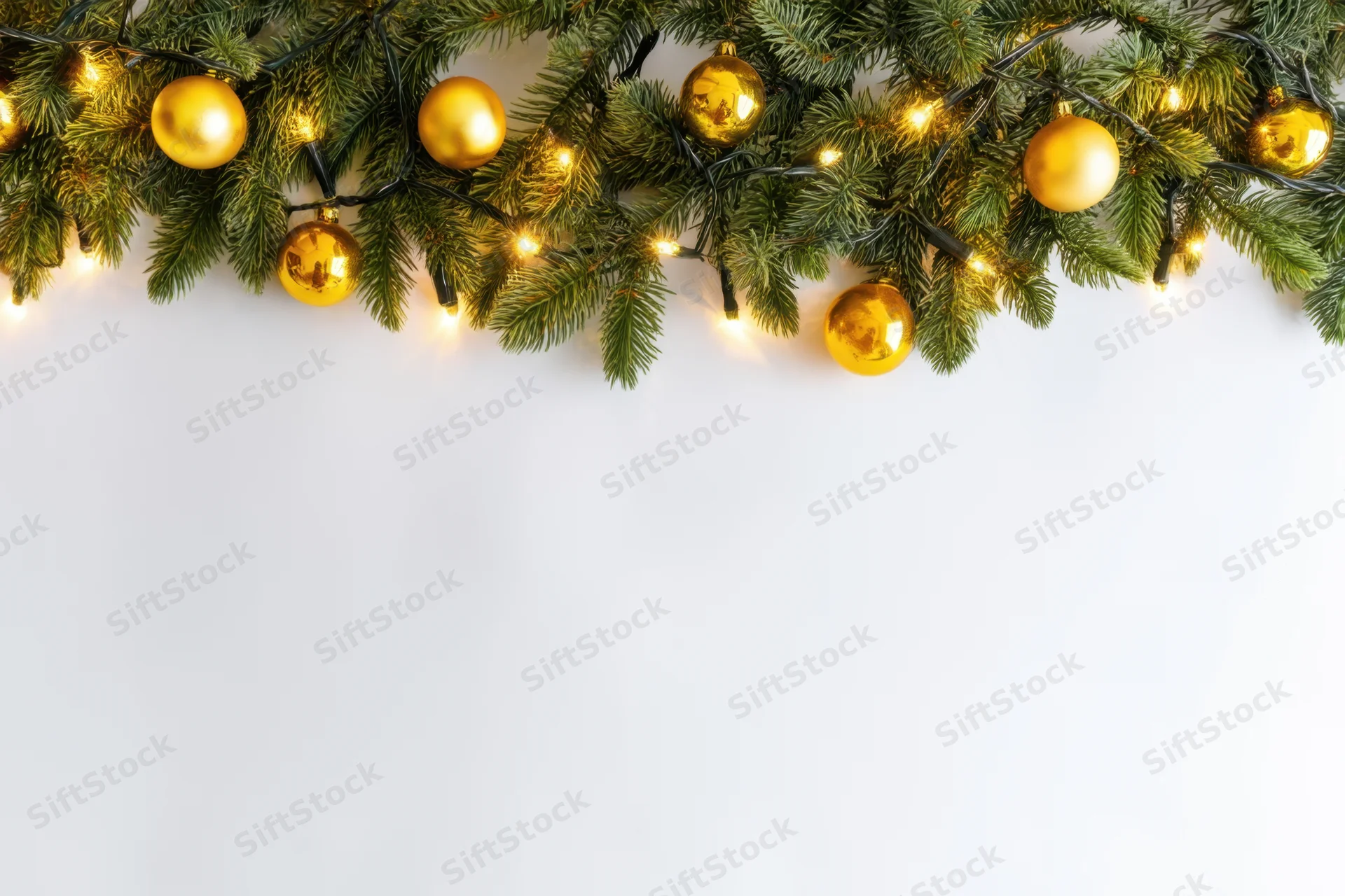 Festive garland with golden ornaments and twinkling lights arranged across white background