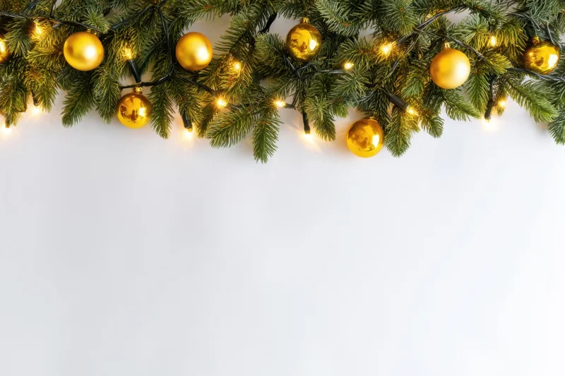 Festive garland with golden ornaments and twinkling lights arranged across white background