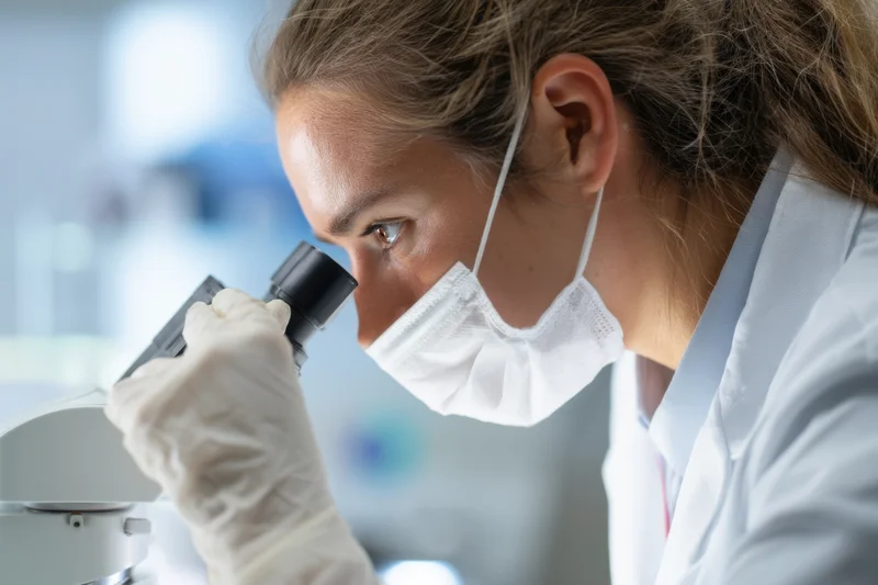 Female scientist examining sample under microscope in laboratory setting