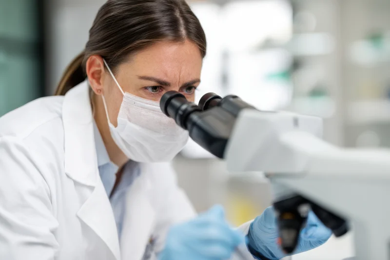 Female scientist in lab coat examining sample under microscope in laboratory setting