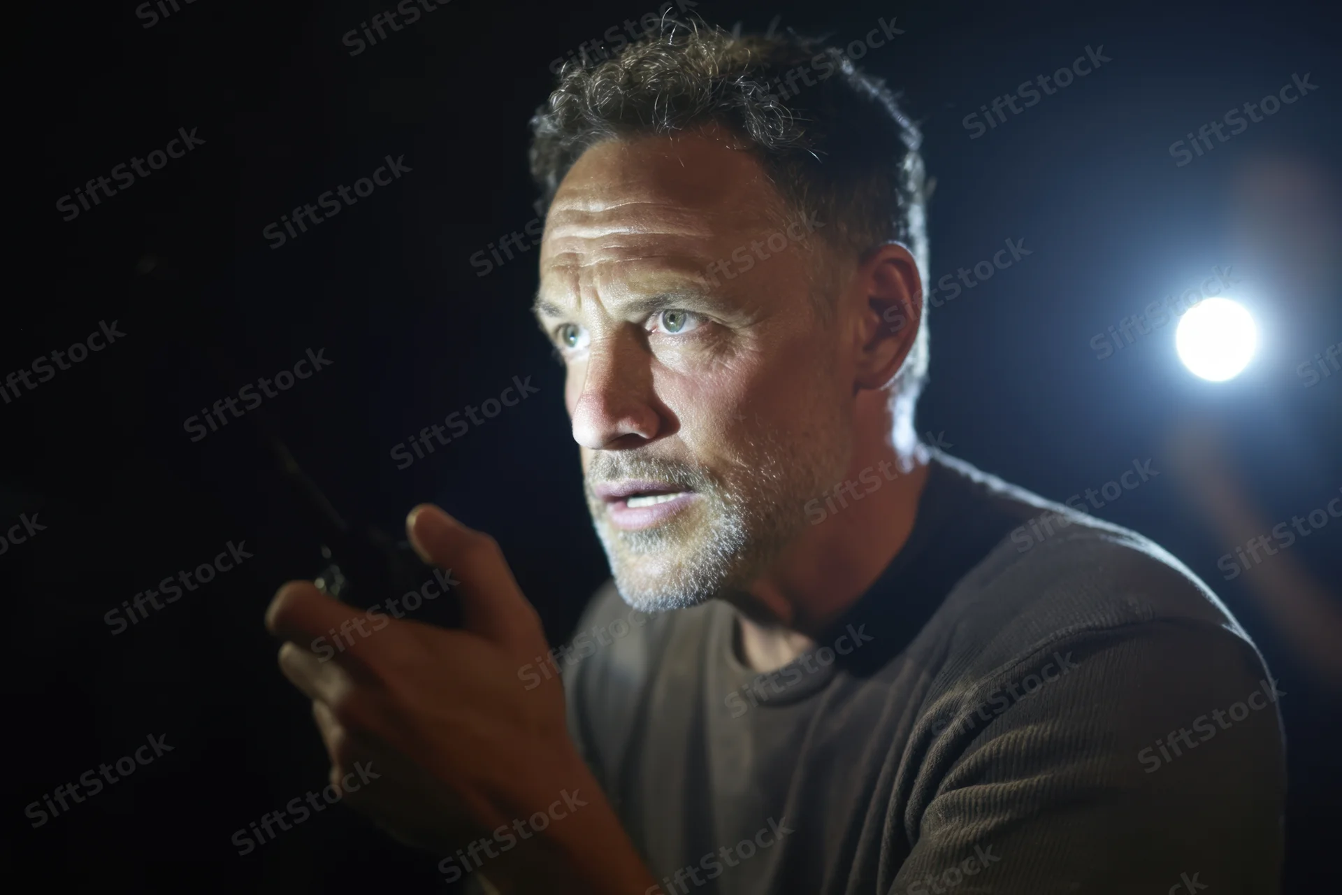 Focused man speaking into handheld radio in dark environment with spotlight behind him