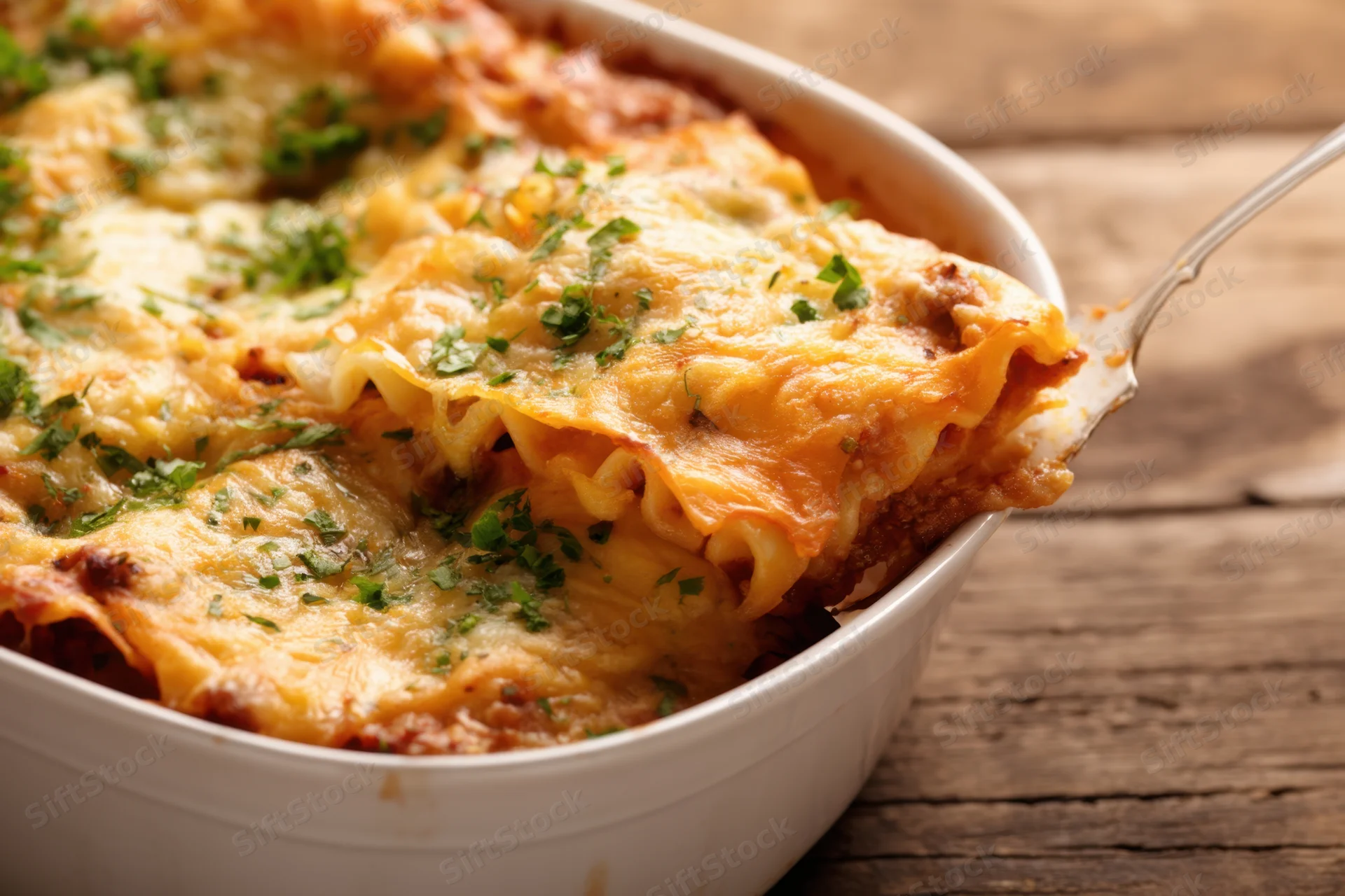 Slice of baked lasagna being lifted with a spoon from a white ceramic dish on a wooden table