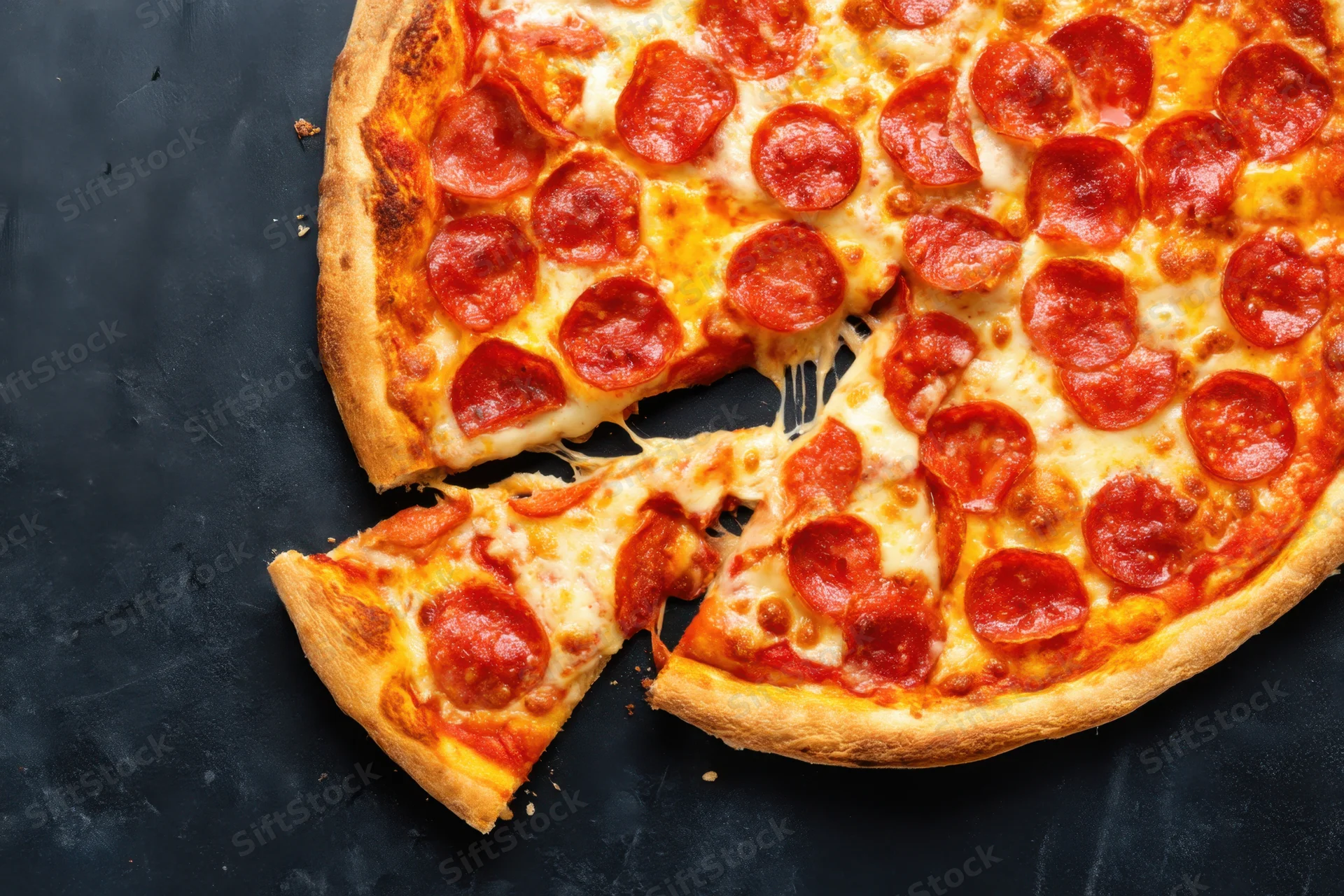 Pepperoni pizza with one slice removed showing cheese pull on dark surface