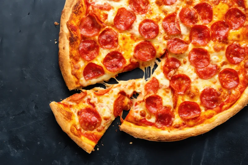 Pepperoni pizza with one slice removed showing cheese pull on dark surface