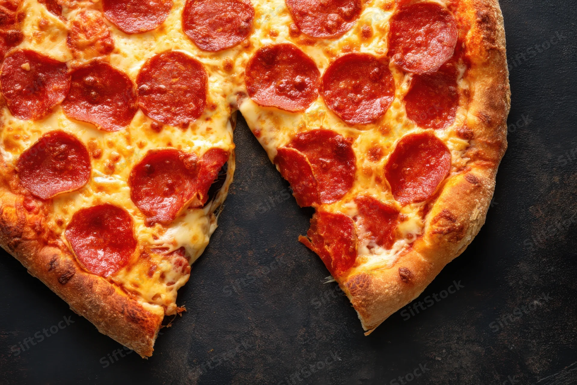 Pepperoni pizza with one slice removed on dark surface