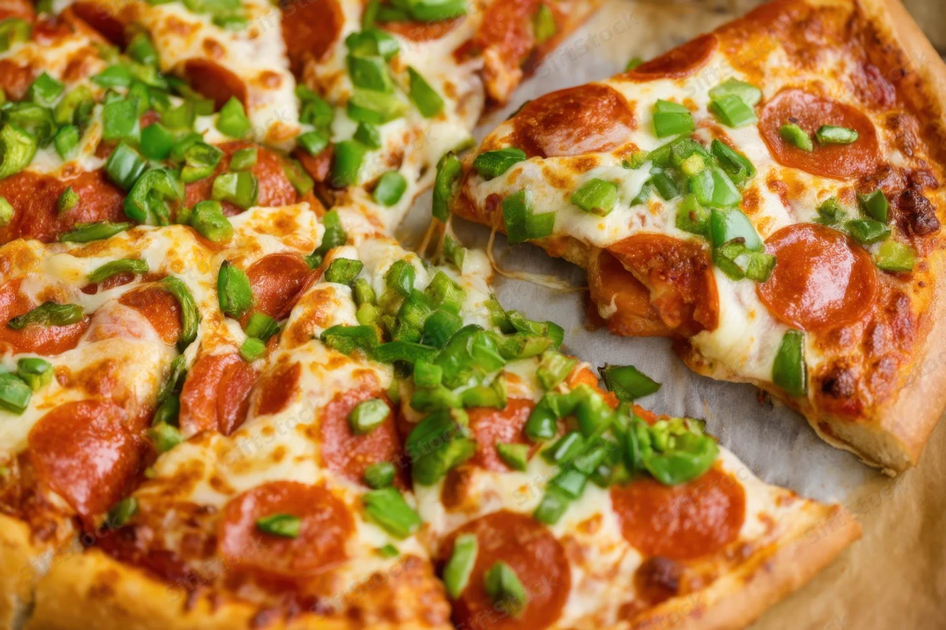 Freshly baked pepperoni pizza with melted cheese and chopped green onions on golden crust, one slice pulled away