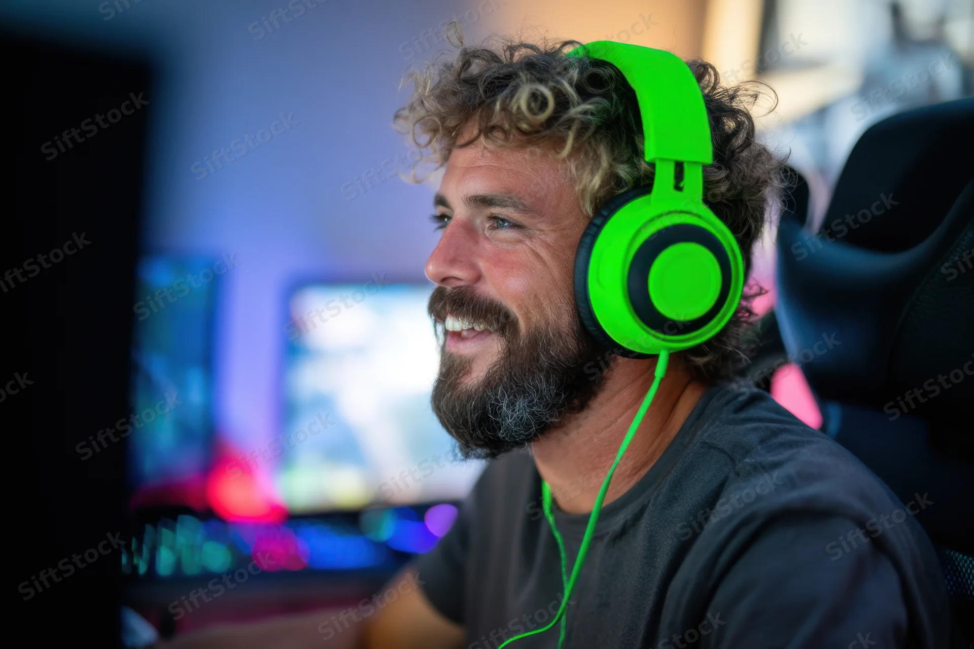Man with curly hair and beard wearing green headphones smiling while playing video game at computer desk