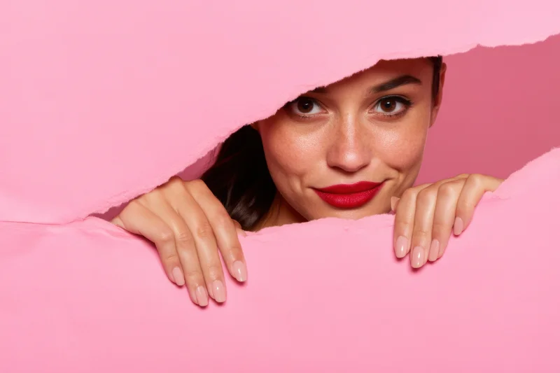 Woman peeking through torn pink paper with hands holding edges, smiling with red lipstick