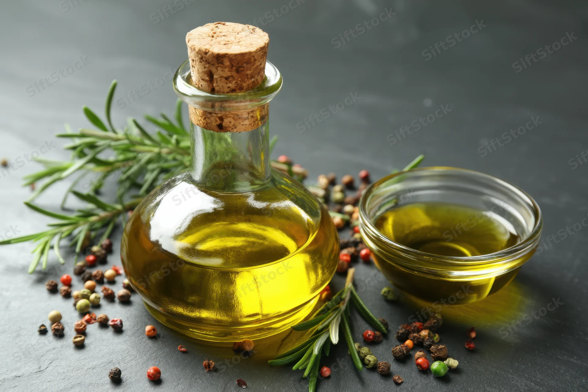 Glass bottle of olive oil with cork stopper surrounded by rosemary and peppercorns on dark slate surface