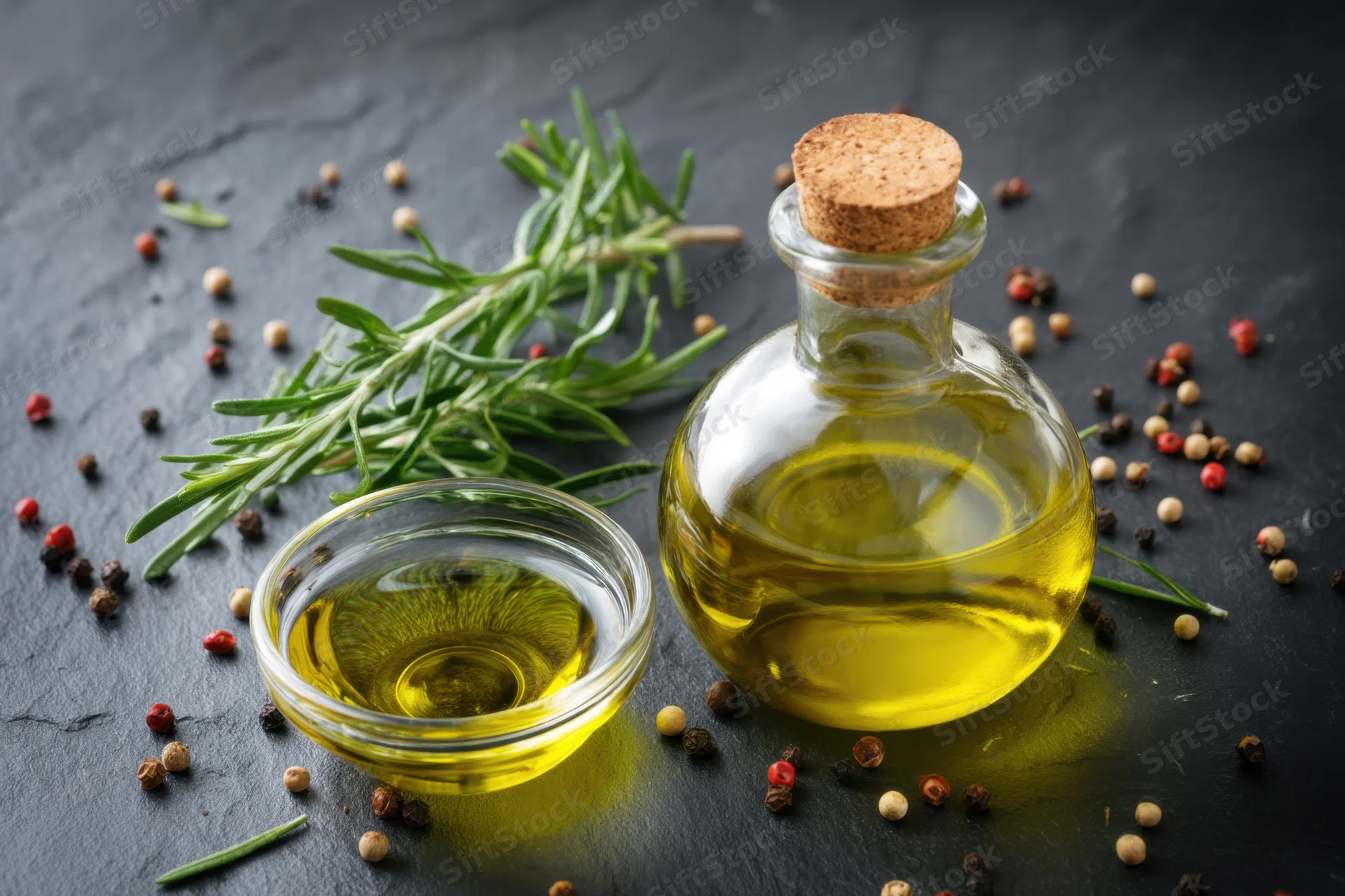 Glass bottle of olive oil with cork stopper and rosemary sprig on dark slate surface surrounded by peppercorns