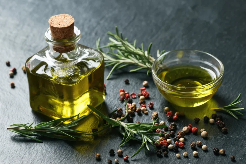 Glass bottle of olive oil with cork stopper surrounded by rosemary sprigs and peppercorns on dark stone surface