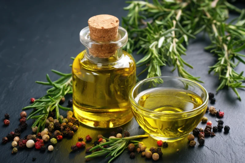Glass bottle of olive oil with cork stopper surrounded by rosemary sprigs and peppercorns on dark slate surface