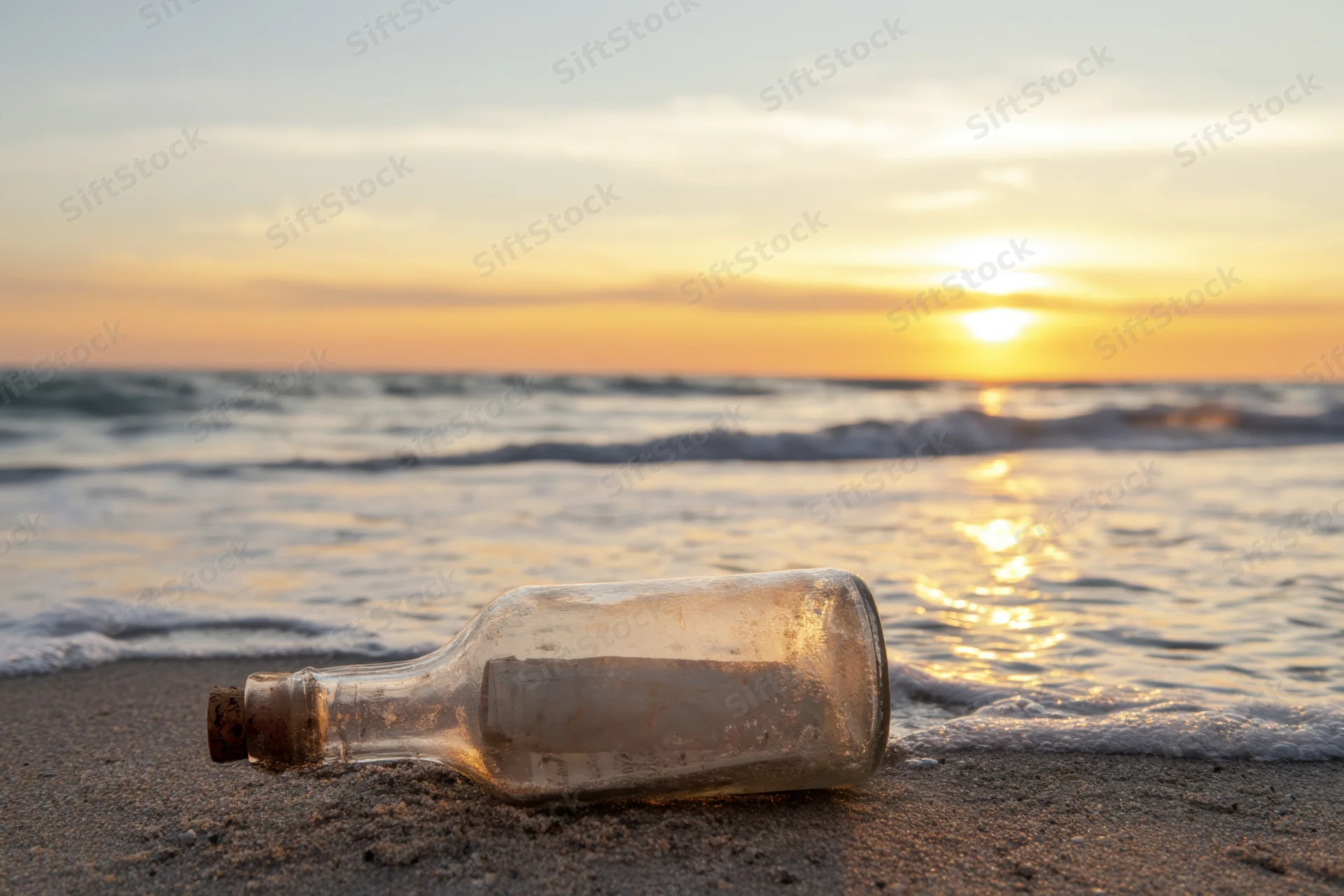 Glass bottle with cork lying on sandy beach at sunset near ocean waves