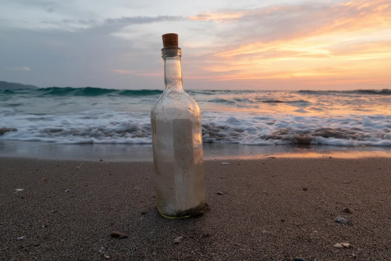 Glass bottle with cork washed up on sandy beach at sunset near ocean waves