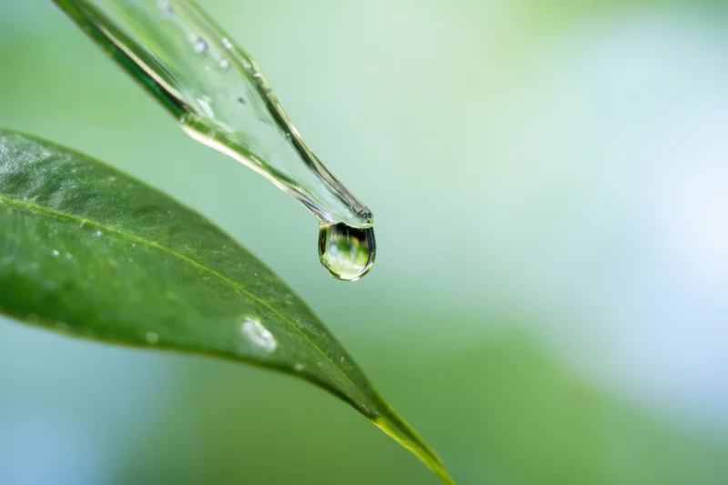 Glass pipette releasing a droplet of liquid above a green leaf