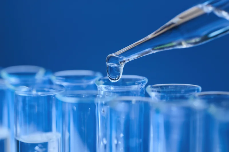 Glass pipette releasing a droplet over a row of test tubes in a laboratory setting