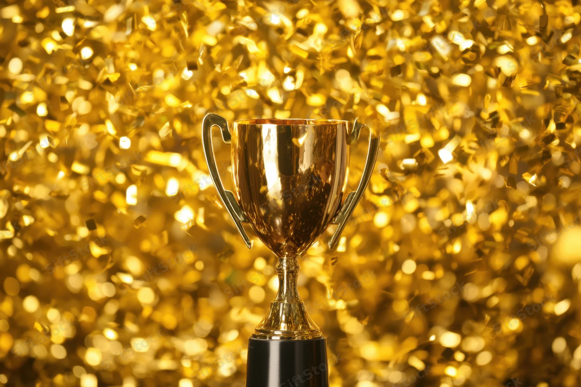 Gleaming gold trophy with two handles on black base surrounded by falling golden confetti