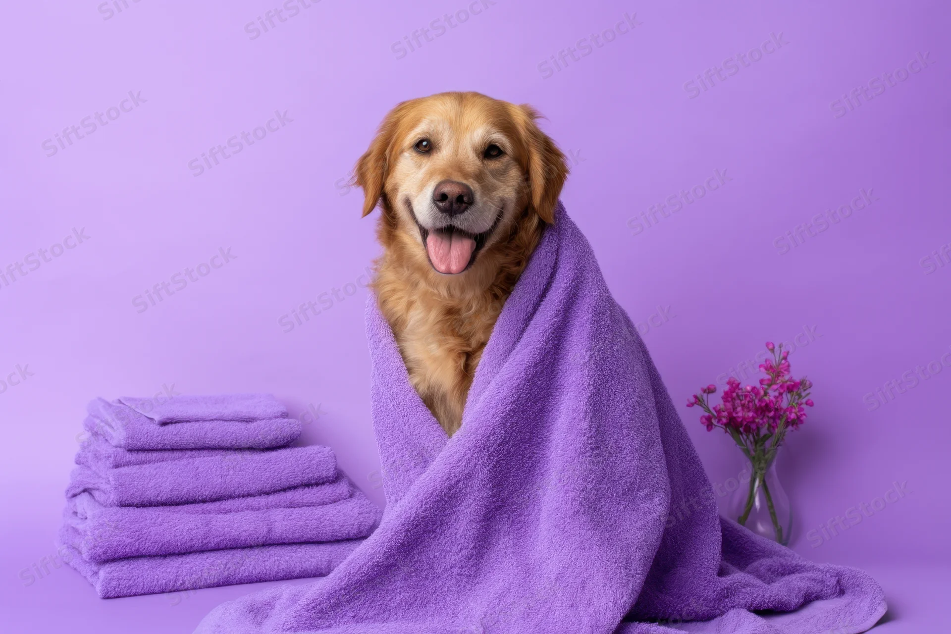 Golden retriever wrapped in purple towel sitting beside stacked towels and vase of pink flowers on purple background