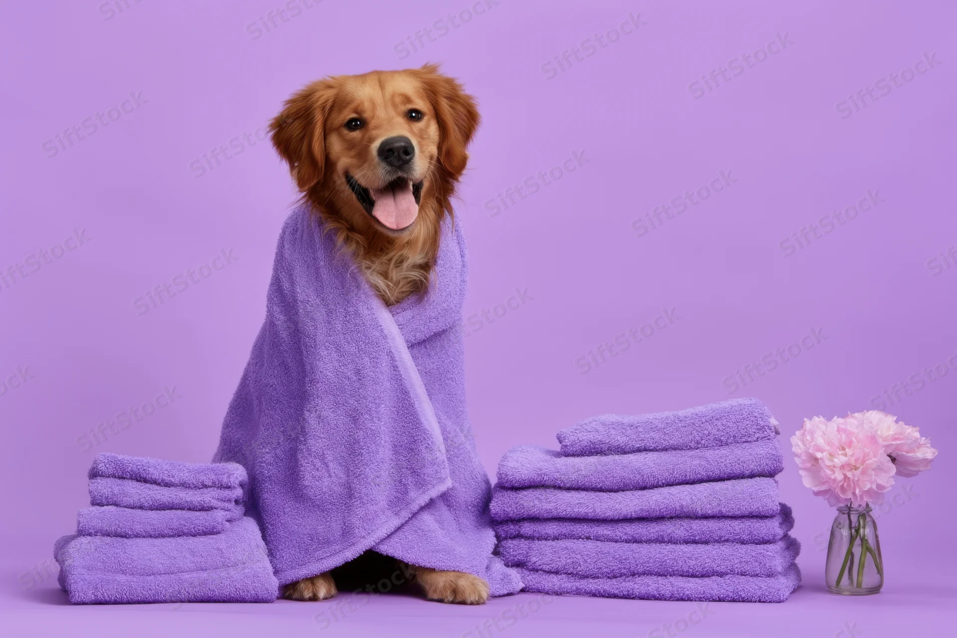 Golden retriever wrapped in purple towel sitting beside stacks of towels and a vase of pink flowers on purple background