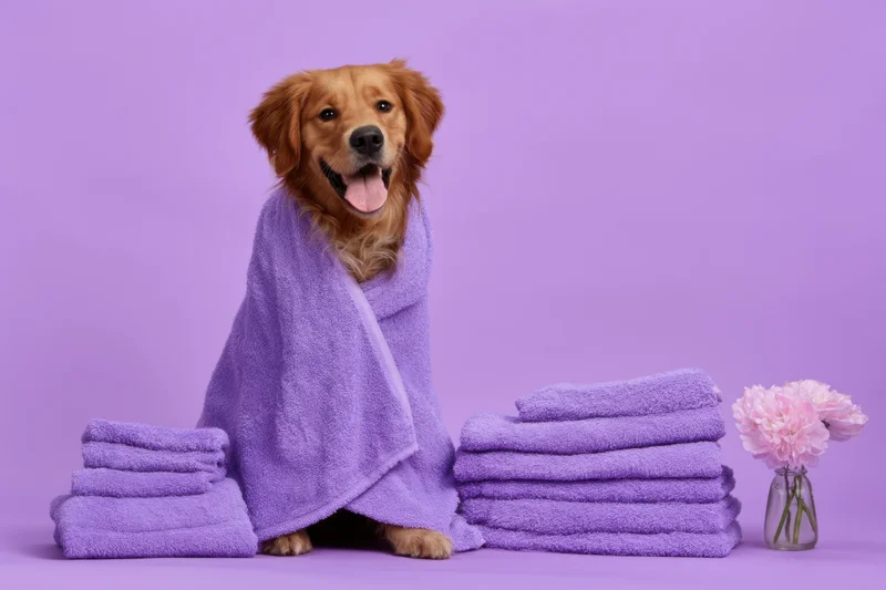 Golden retriever wrapped in purple towel sitting beside stacks of towels and a vase of pink flowers on purple background