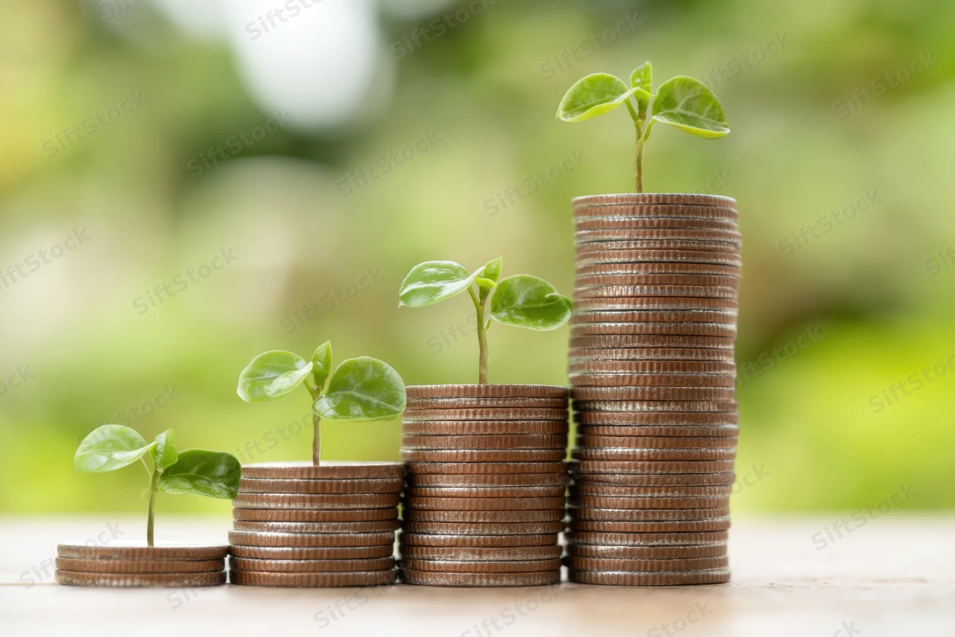Stacks of coins with growing plants on top arranged in increasing height on a wooden surface outdoors