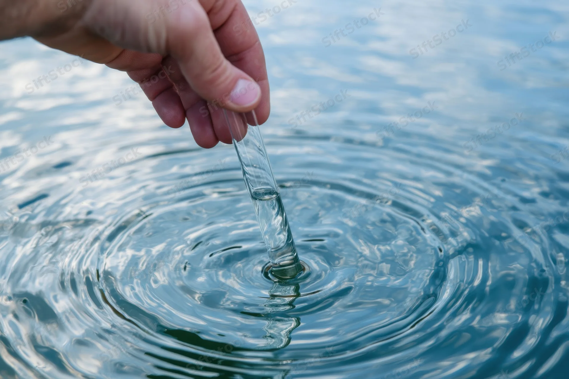 Hand lowering glass test tube into water surface creating ripples
