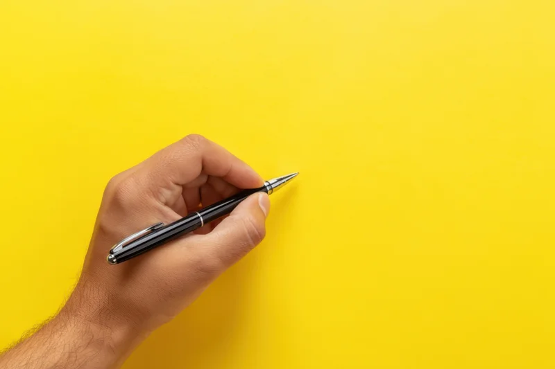 Hand holding black pen poised above vibrant yellow surface