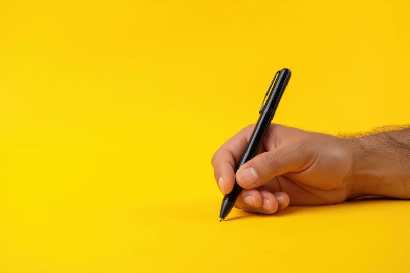 Hand holding black pen poised above vibrant yellow surface