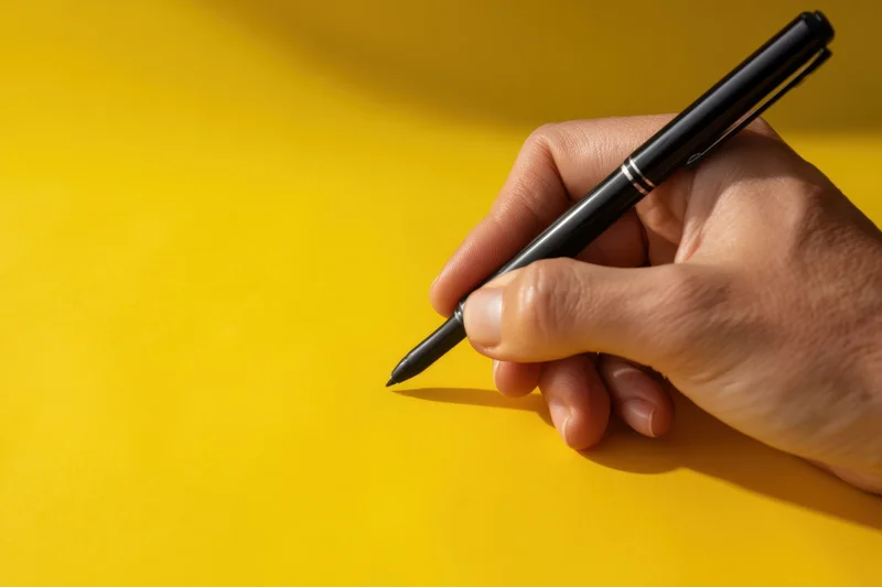 Hand holding black pen poised above vibrant yellow surface