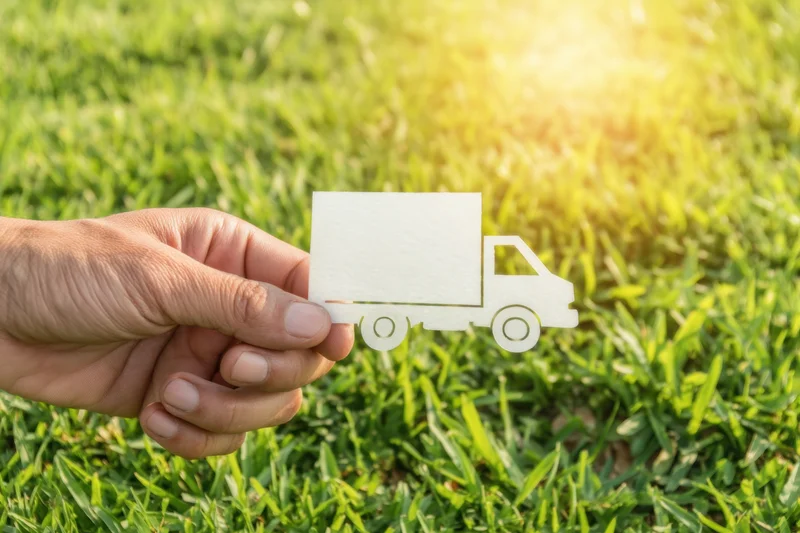 Hand holding paper cutout of truck against green grass background with sunlight