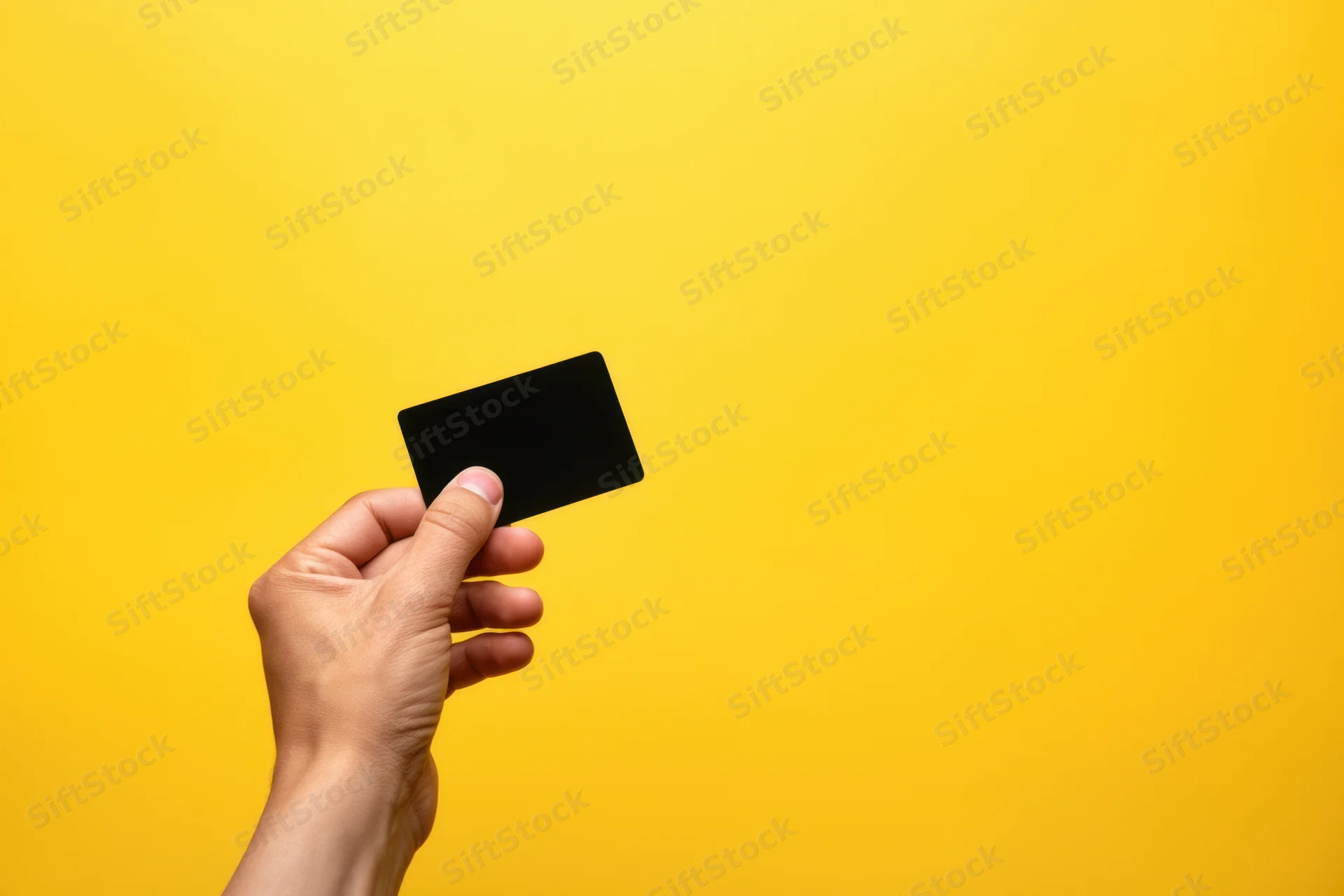 Hand holding a black credit card against a yellow background