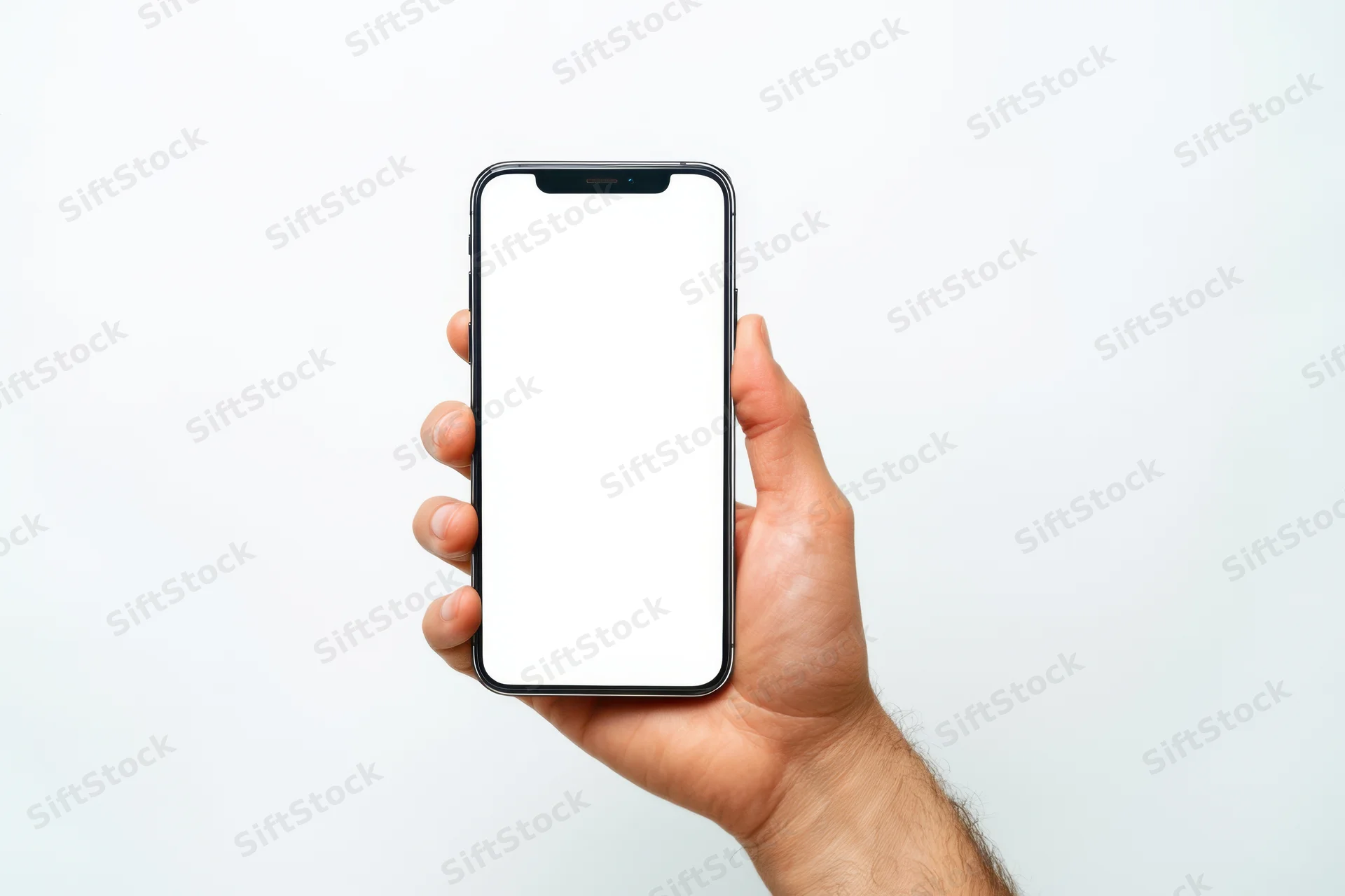 Hand holding a sleek modern smartphone with blank white screen against white background